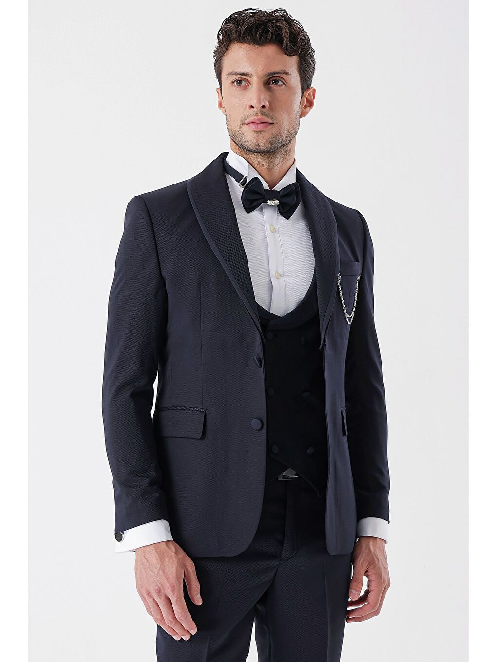 Koyu Lacivert Desenli Armürlü Kruvaze 6 Drop Slim Fit Smokin Damatlık Takım 1001230214-2