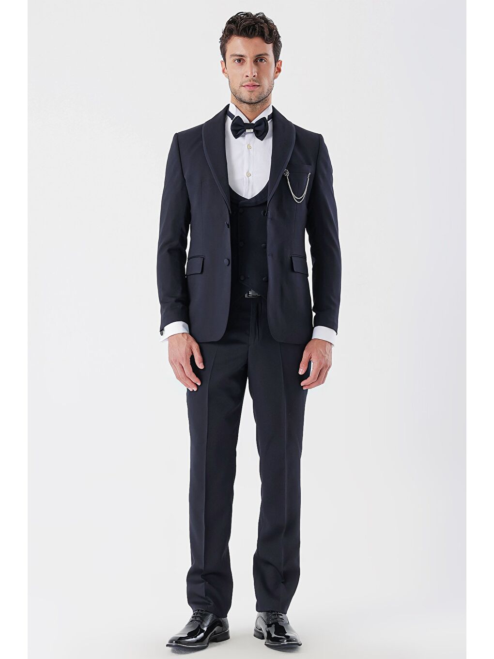 Koyu Lacivert Desenli Armürlü Kruvaze 6 Drop Slim Fit Smokin Damatlık Takım 1001230214-3