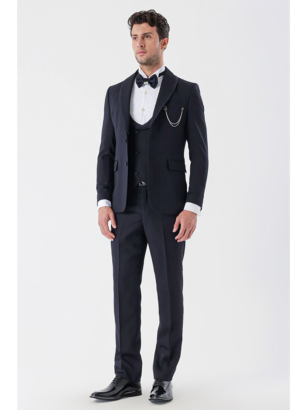 Koyu Lacivert Desenli Armürlü Kruvaze 6 Drop Slim Fit Smokin Damatlık Takım 1001230214-4