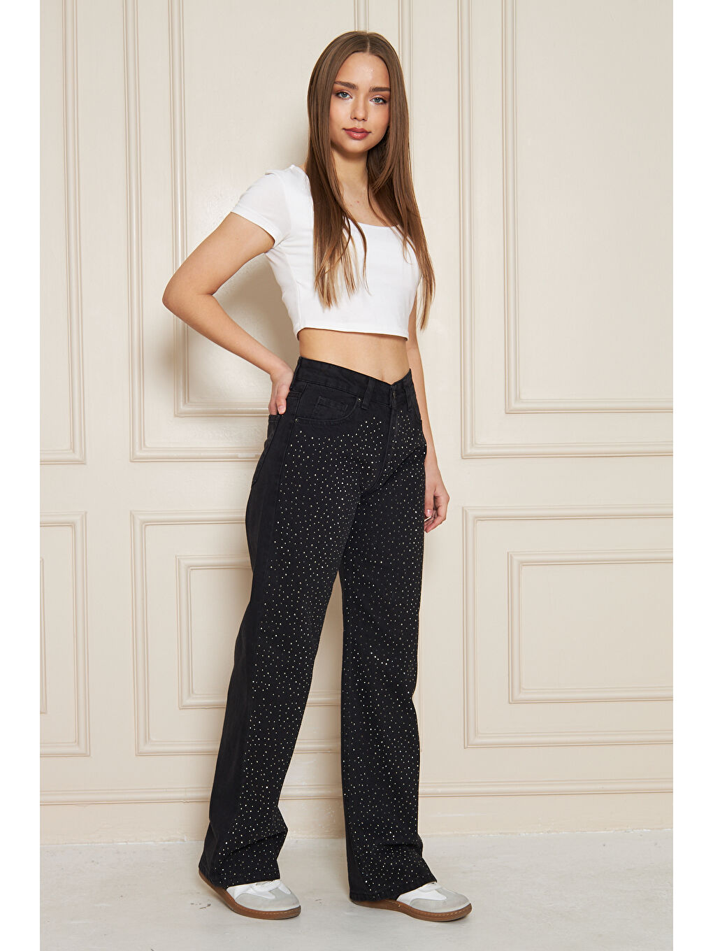 Kadın Yüksek Bel Baggy Taşlı Bol Paça Siyah Jean Pantolon-2
