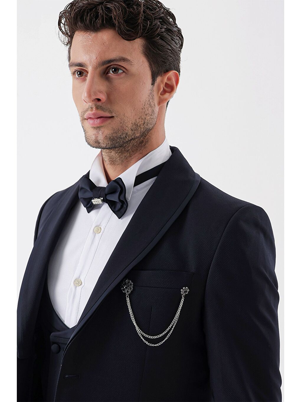 Koyu Lacivert Desenli Armürlü Kruvaze 6 Drop Slim Fit Smokin Damatlık Takım 1001230214-5