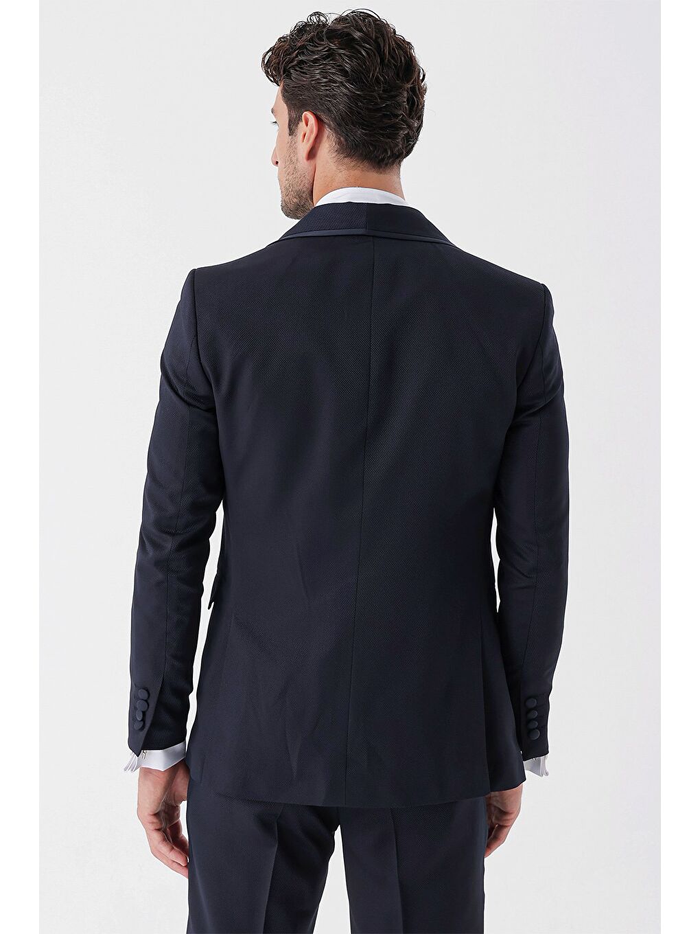 Koyu Lacivert Desenli Armürlü Kruvaze 6 Drop Slim Fit Smokin Damatlık Takım 1001230214-6