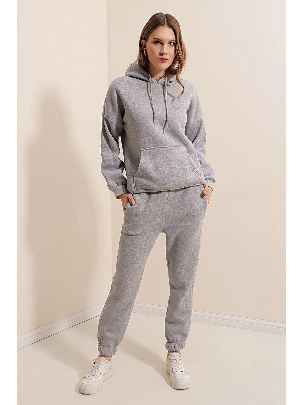 55323 Oversize Kapüşonlu 3 İplik Eşofman Takımı - Gri-5