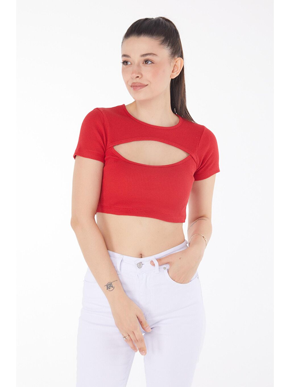 Bisiklet Yaka Kadın Kırmızı Crop - 25852