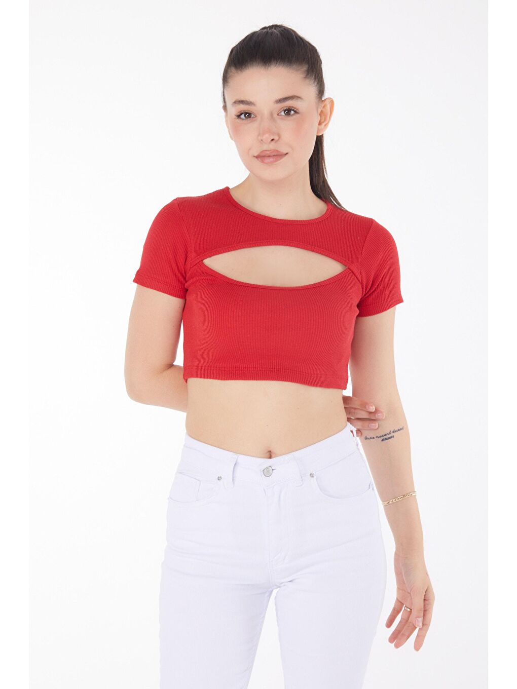 Bisiklet Yaka Kadın Kırmızı Crop - 25852-1