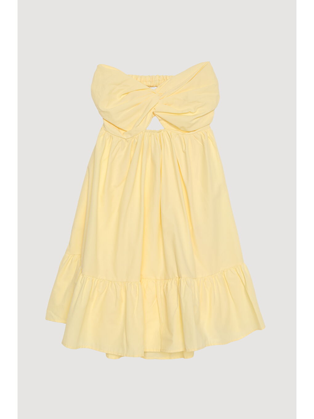 Önü Düğüm Detaylı Sırt Dekolteli Straplez Mini Elbise Sarı-1