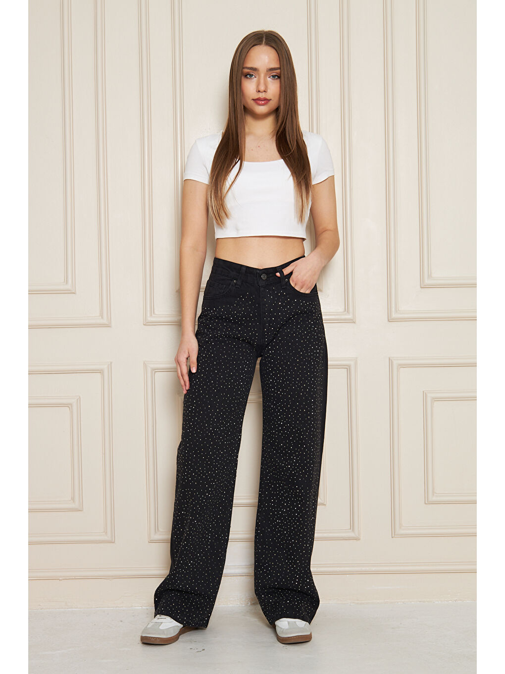Kadın Yüksek Bel Baggy Taşlı Bol Paça Siyah Jean Pantolon-5