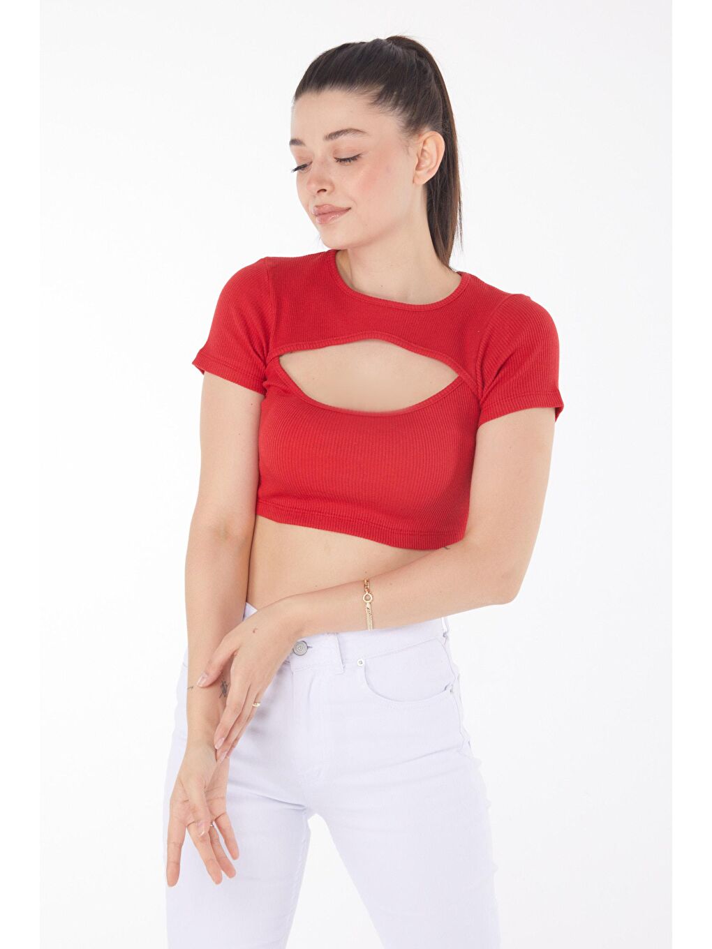 Bisiklet Yaka Kadın Kırmızı Crop - 25852-2