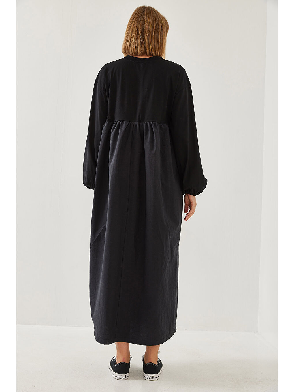 Siyah Kadın Parçalı Kloş Elbise-4