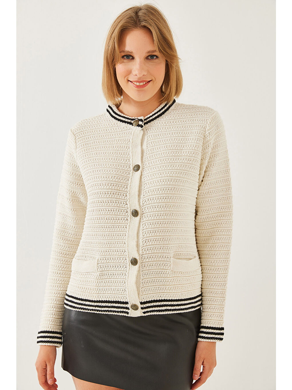 Lila Kadın Düğmeli Cep Detaylı Triko Hırka-2