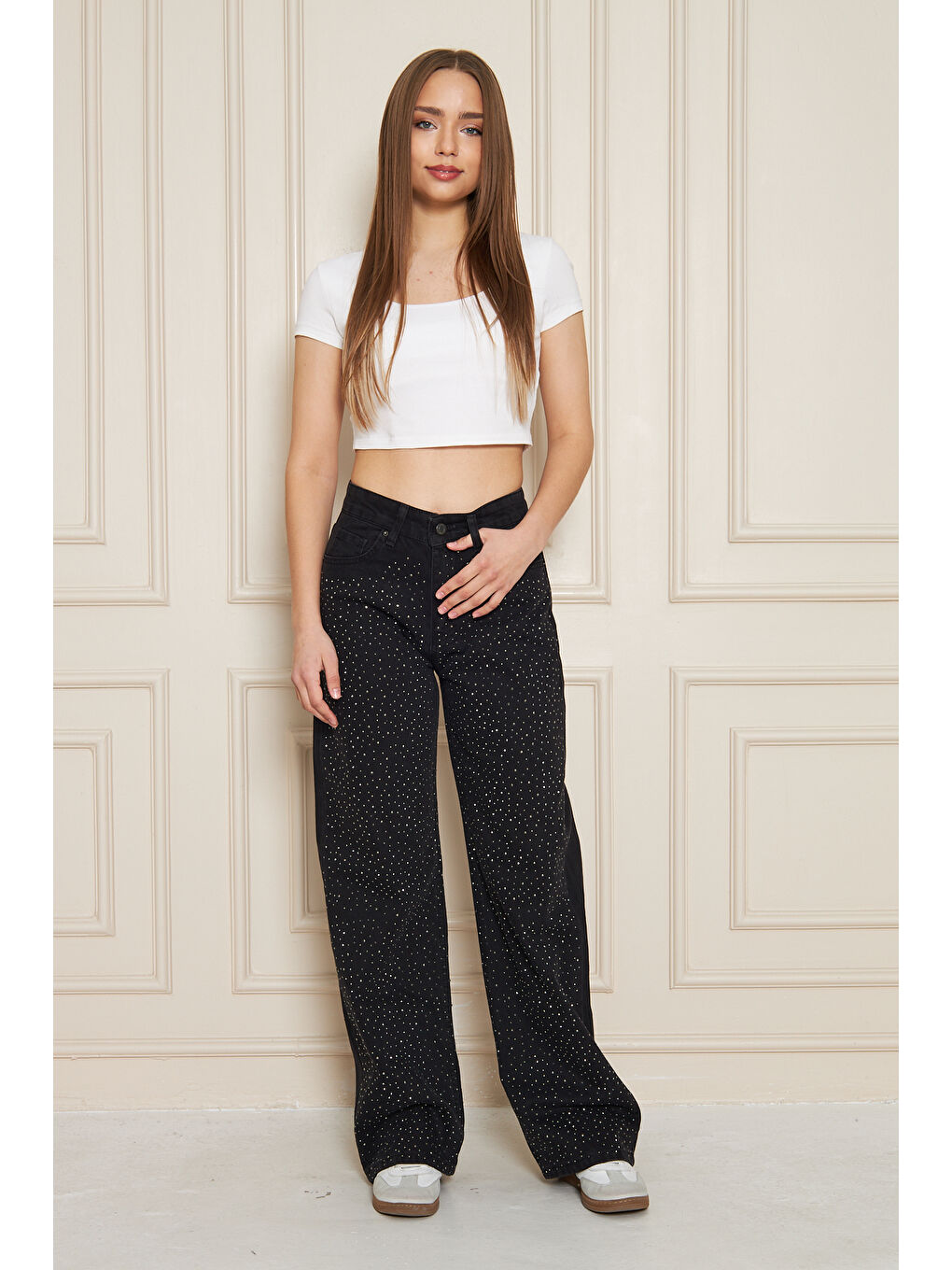 Kadın Yüksek Bel Baggy Taşlı Bol Paça Siyah Jean Pantolon-6