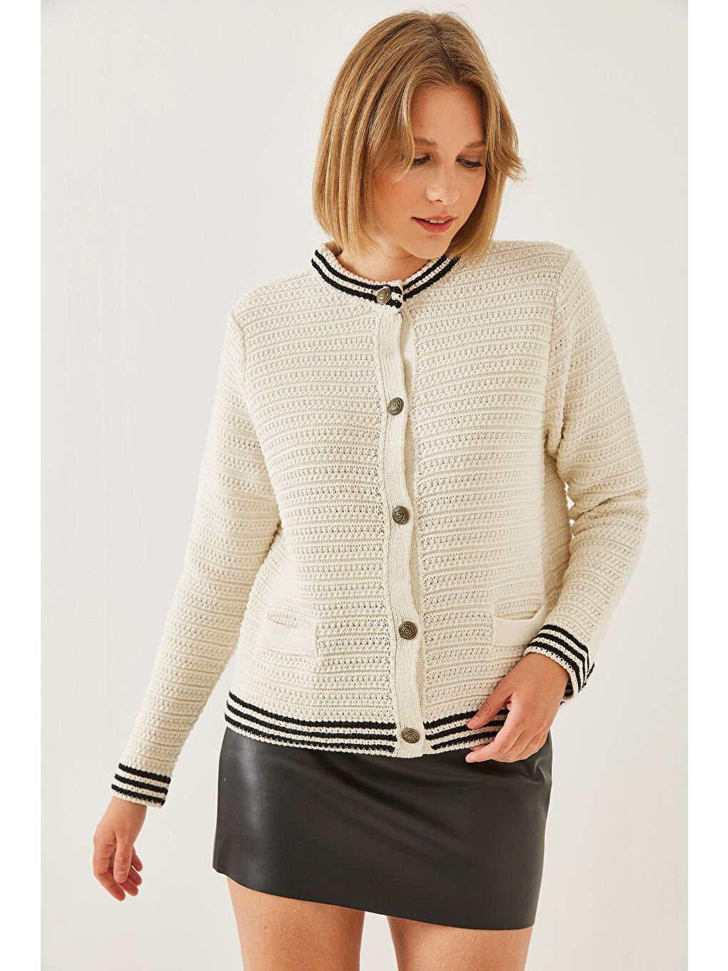 Lila Kadın Düğmeli Cep Detaylı Triko Hırka-3