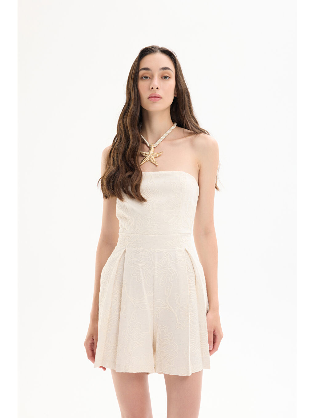 Bej Nakış İşlemeli Pileli Straplez Şort Tulum Naturel-3