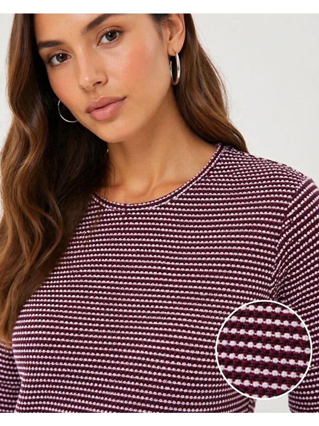 Dokulu Çizgili Uzun Kollu Tişört Oval Kesim Basic Rahat Kalıp Bluz - Bordo-2