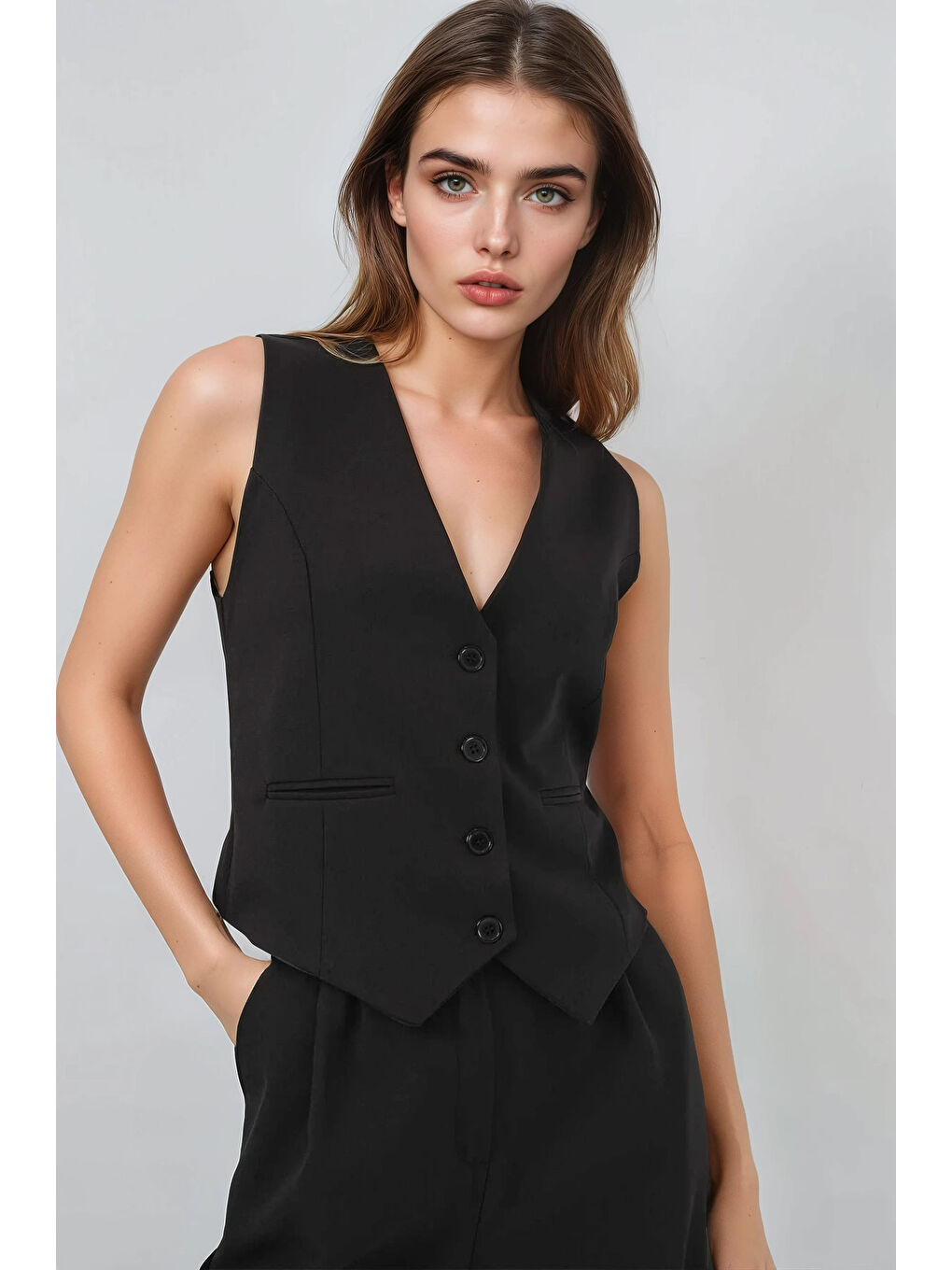 Kadın Siyah Yelek Pantolon Takım HZL25S-BD167091-1