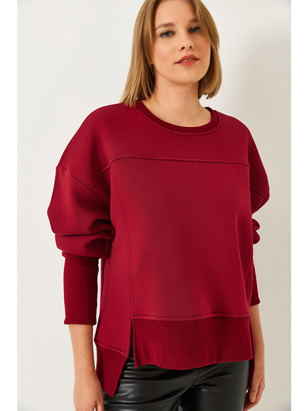 Bordo Kadın Üç İplik Şardonlu Oversize Sweatshirt
