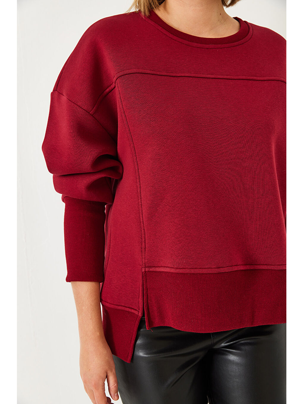 Bordo Kadın Üç İplik Şardonlu Oversize Sweatshirt-1