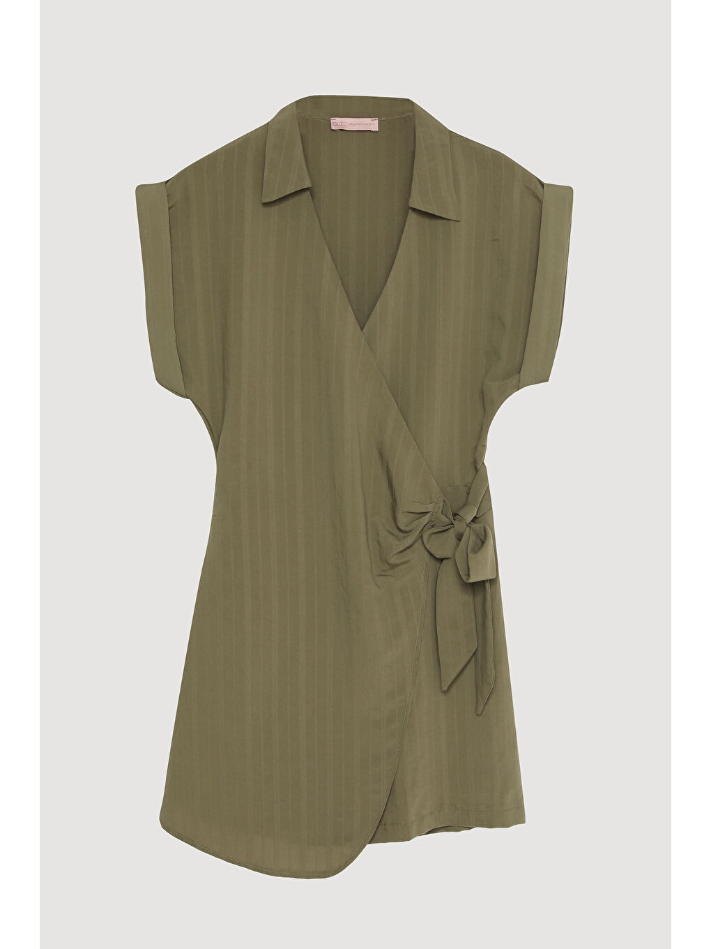 Kruvaze Yaka Beli Bağlamalı Şort Tulum Haki-1