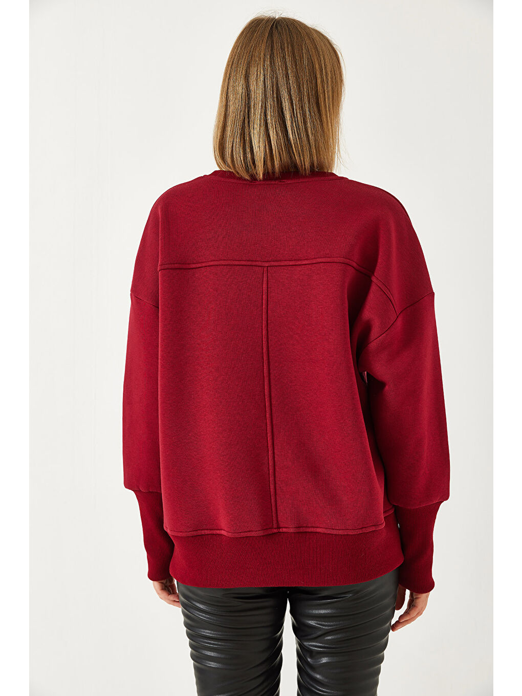 Bordo Kadın Üç İplik Şardonlu Oversize Sweatshirt-2