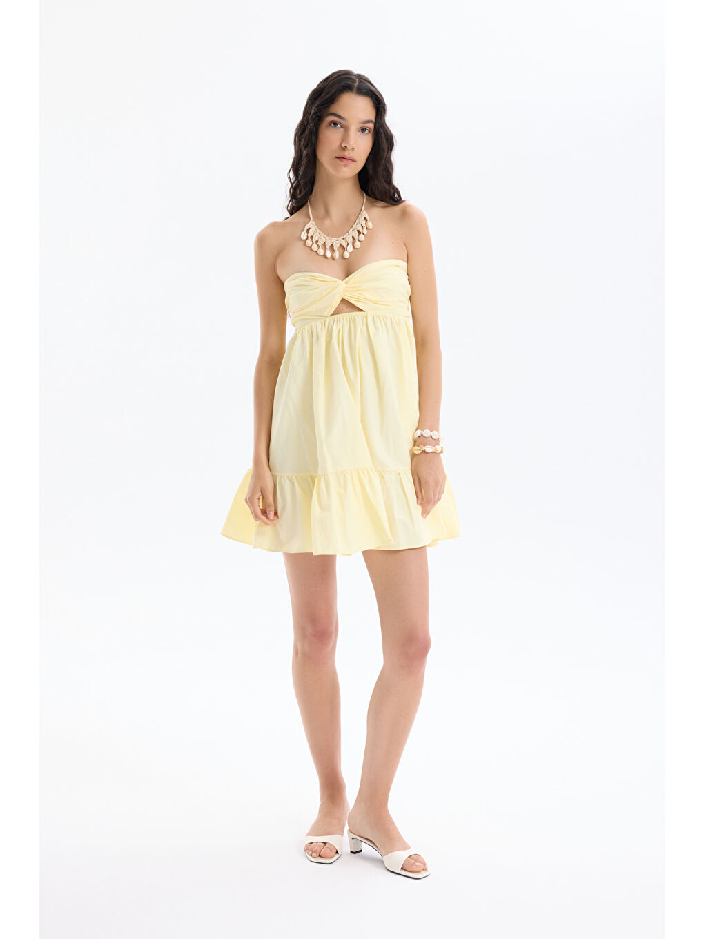 Önü Düğüm Detaylı Sırt Dekolteli Straplez Mini Elbise Sarı-3