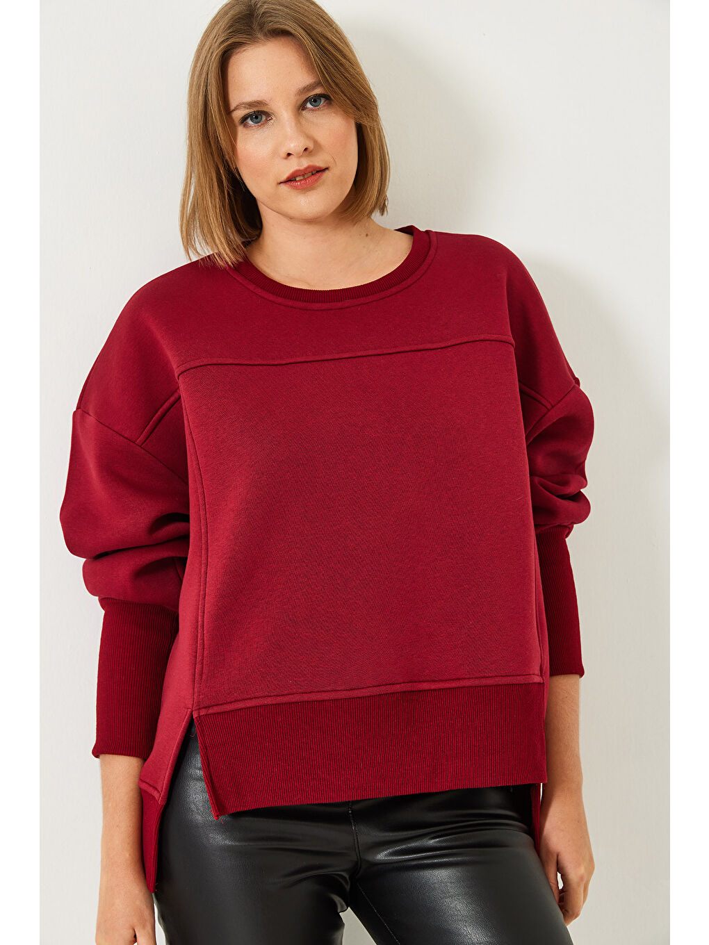 Bordo Kadın Üç İplik Şardonlu Oversize Sweatshirt-3