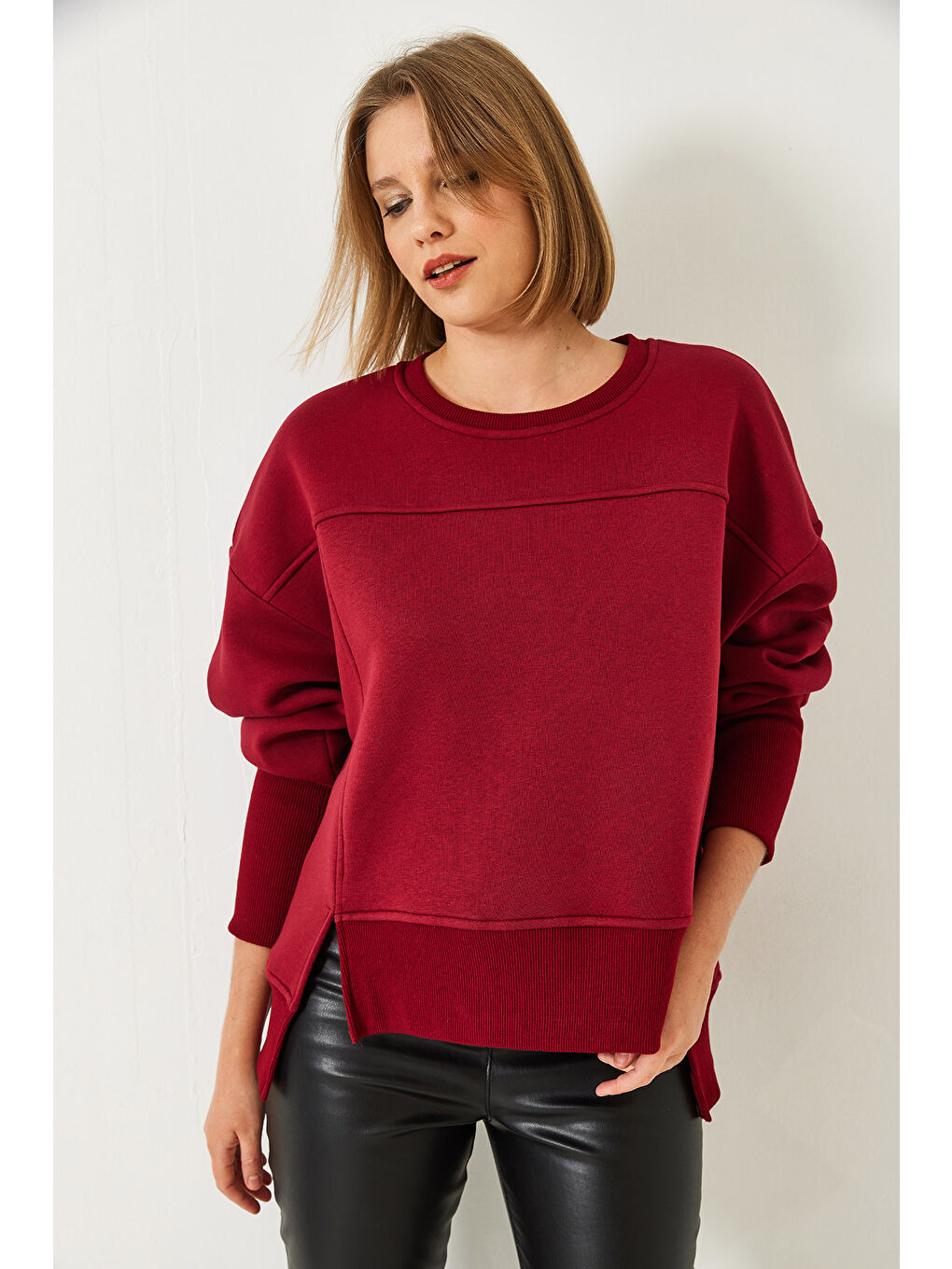 Bordo Kadın Üç İplik Şardonlu Oversize Sweatshirt-4