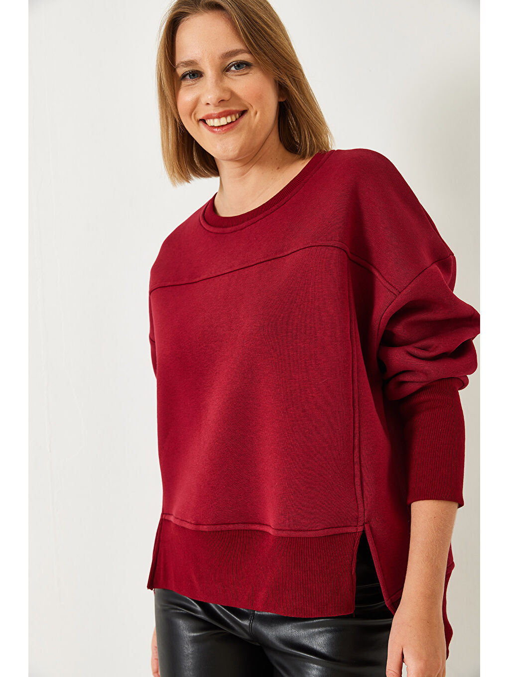 Bordo Kadın Üç İplik Şardonlu Oversize Sweatshirt-5