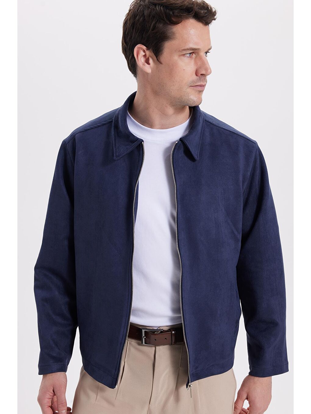 Erkek Relax Fit Rahat Kesim Süet Fermuarlı Astarlı Cepli Lacivert Kolej Ceket Mont