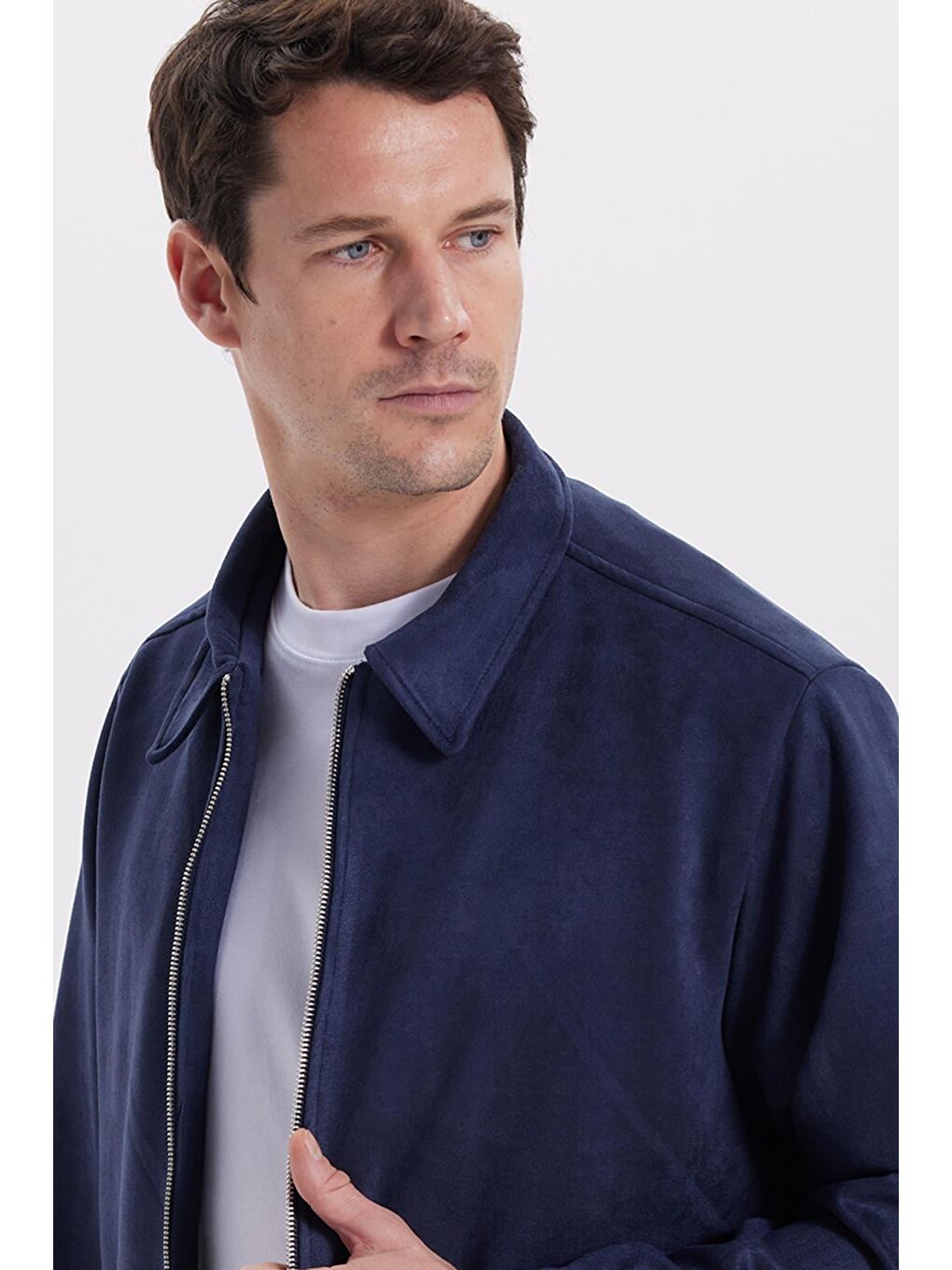 Erkek Relax Fit Rahat Kesim Süet Fermuarlı Astarlı Cepli Lacivert Kolej Ceket Mont-1