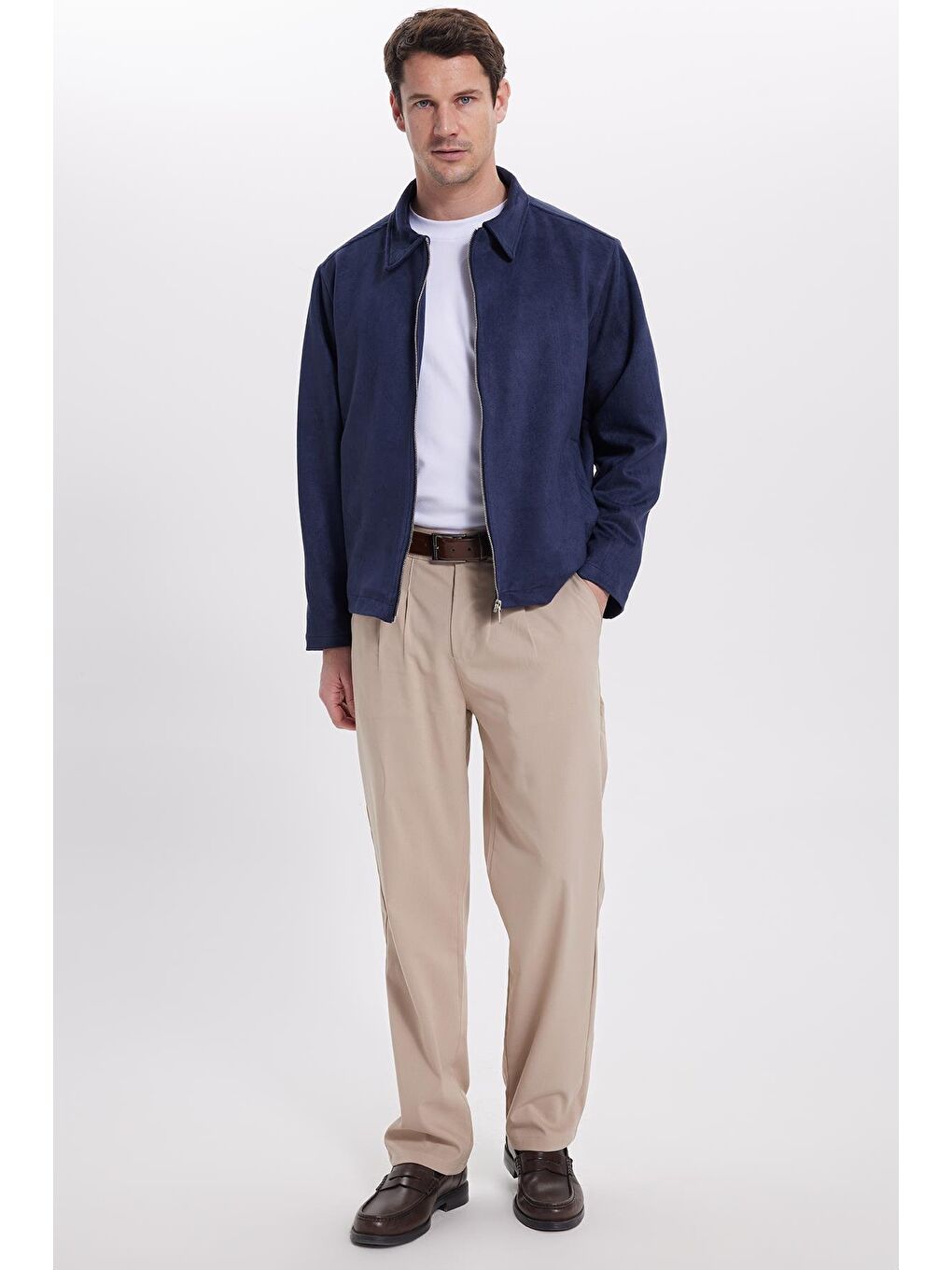 Erkek Relax Fit Rahat Kesim Süet Fermuarlı Astarlı Cepli Lacivert Kolej Ceket Mont-2