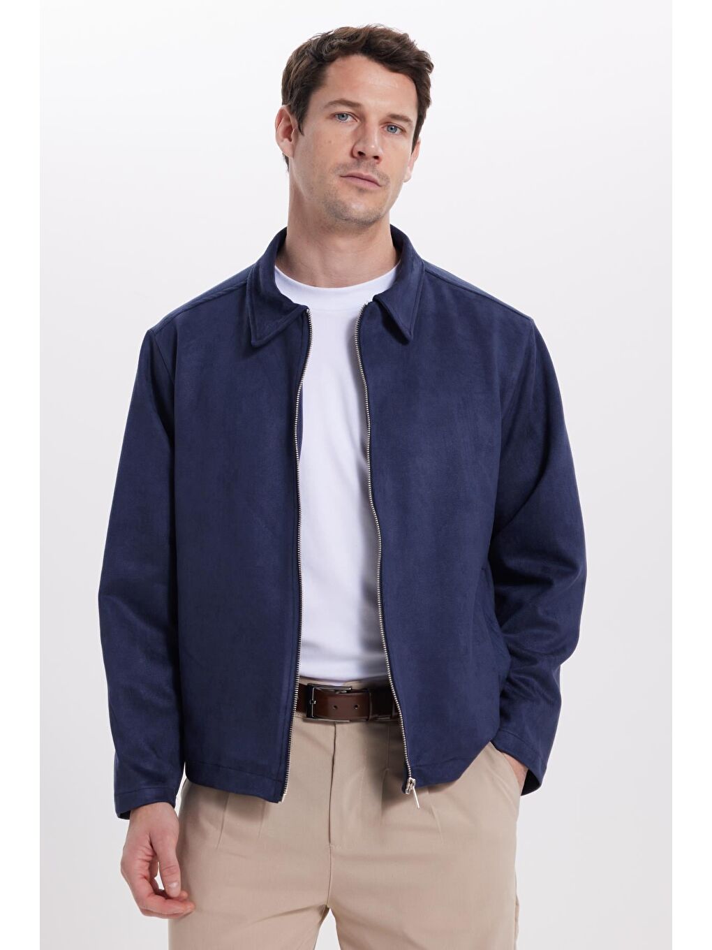 Erkek Relax Fit Rahat Kesim Süet Fermuarlı Astarlı Cepli Lacivert Kolej Ceket Mont-6