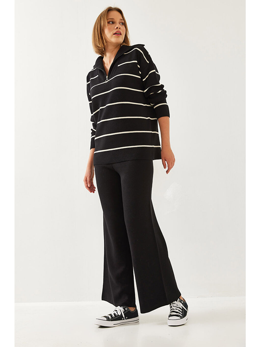 Siyah Kadın Çizgili İkili Takım-5