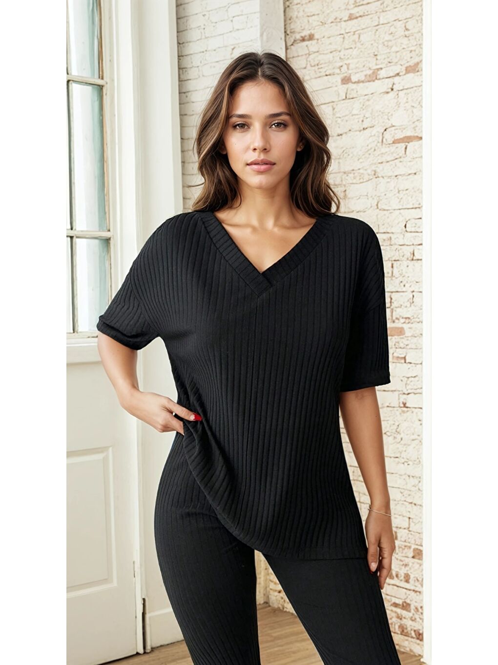 Siyah Süprem Kumaş Kısa Kol Pijama Takım-3