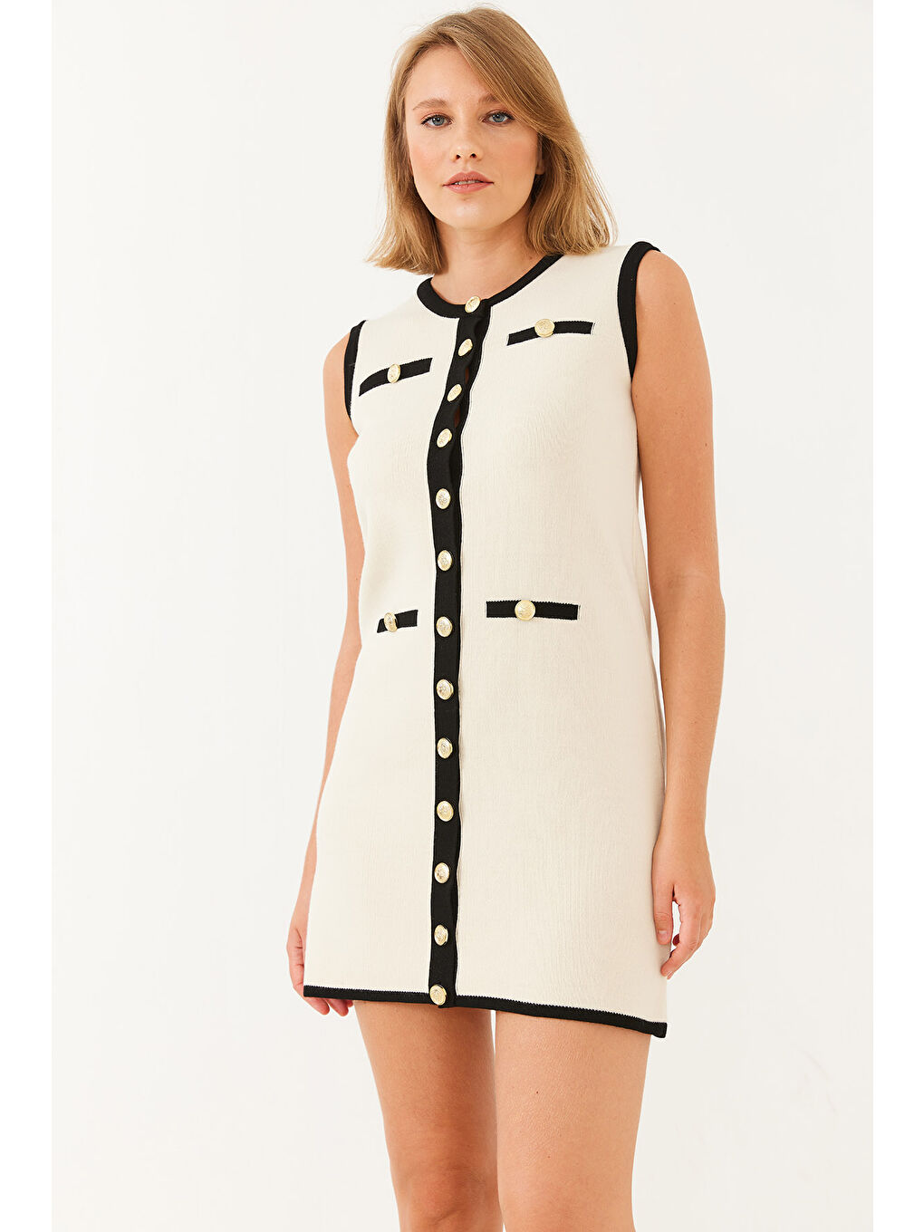 Lila Kadın Sıfır Kol Düğme ve Cep Detaylı Triko Mini Elbise-1