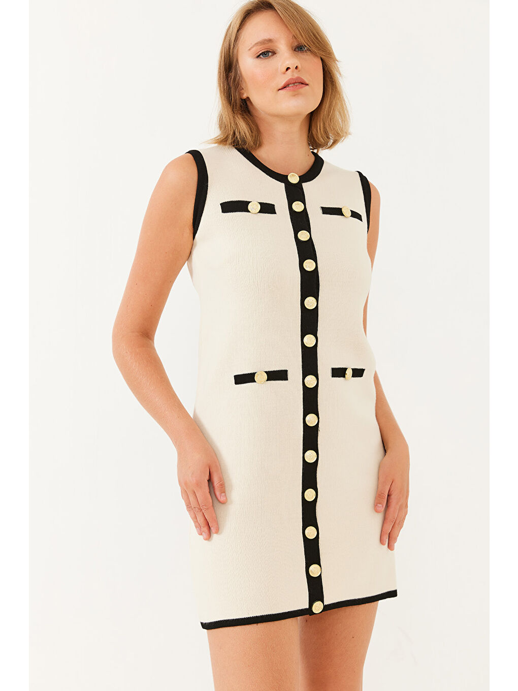 Lila Kadın Sıfır Kol Düğme ve Cep Detaylı Triko Mini Elbise-2