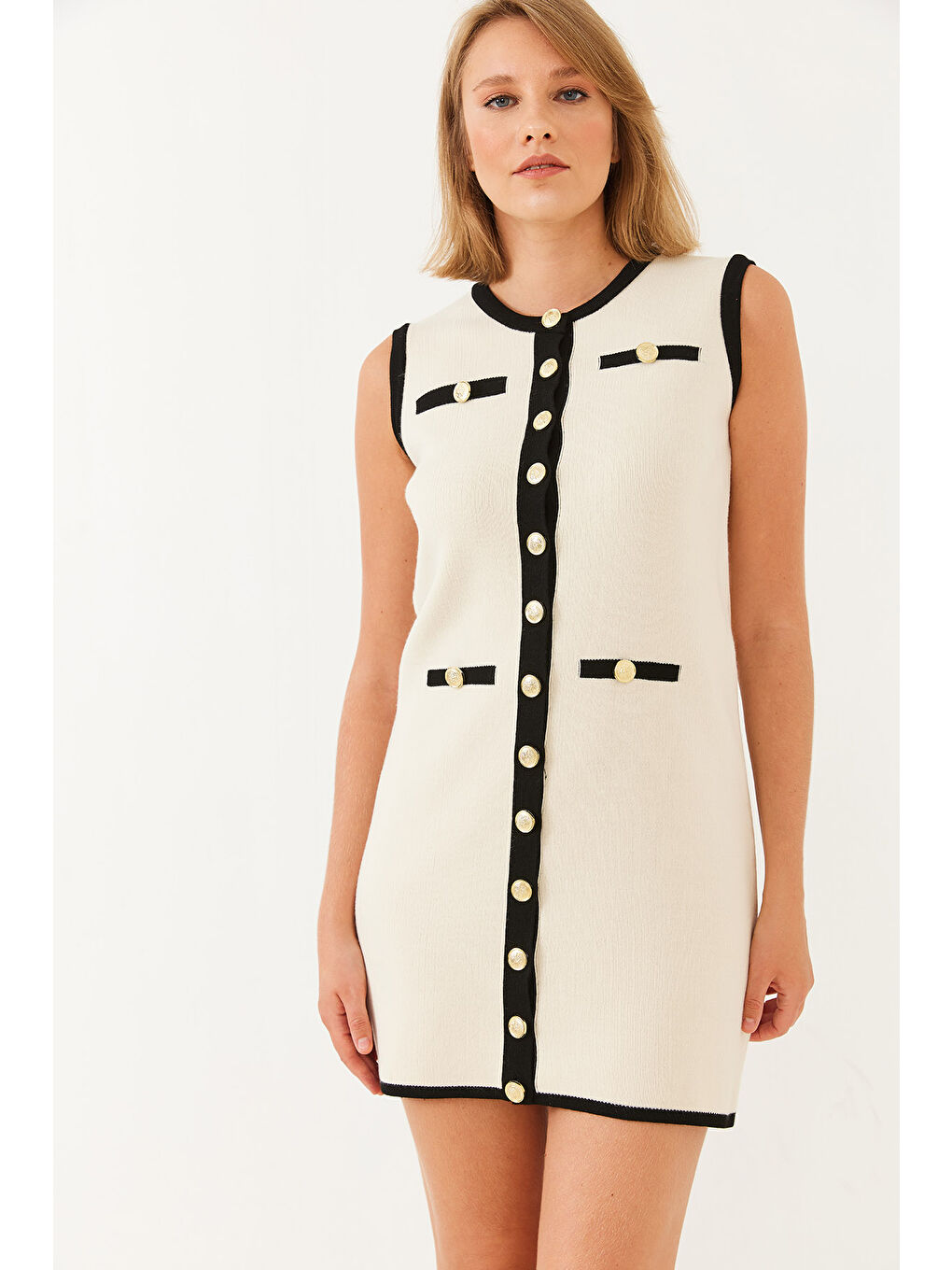 Lila Kadın Sıfır Kol Düğme ve Cep Detaylı Triko Mini Elbise-3