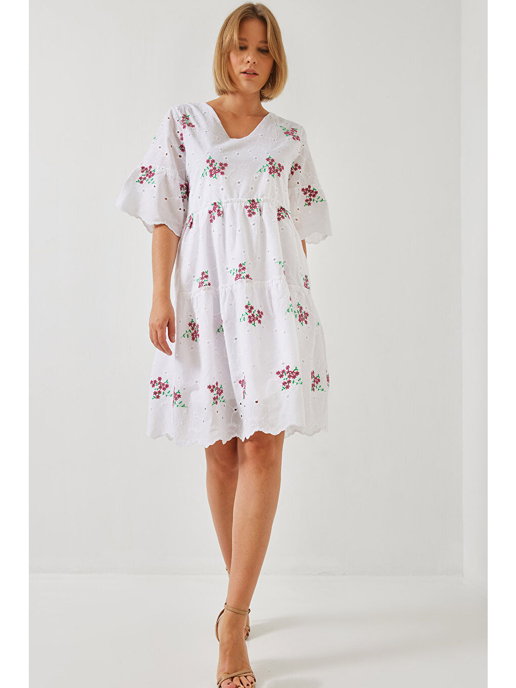 Ekru Kadın Desenli Fisto Elbise