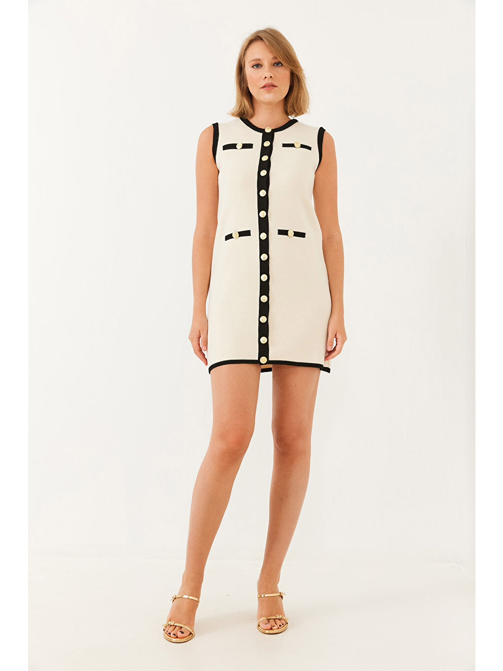 Lila Kadın Sıfır Kol Düğme ve Cep Detaylı Triko Mini Elbise-6