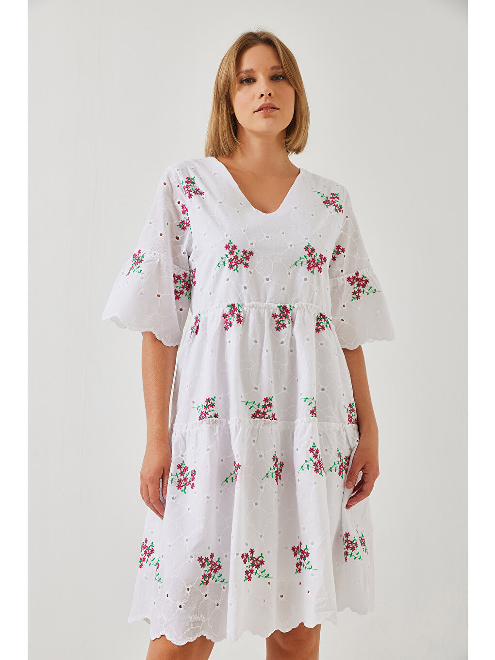 Ekru Kadın Desenli Fisto Elbise-1