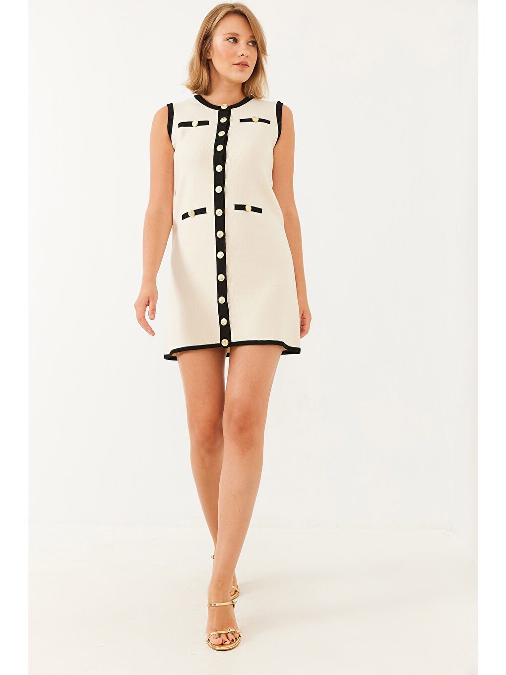 Lila Kadın Sıfır Kol Düğme ve Cep Detaylı Triko Mini Elbise-7