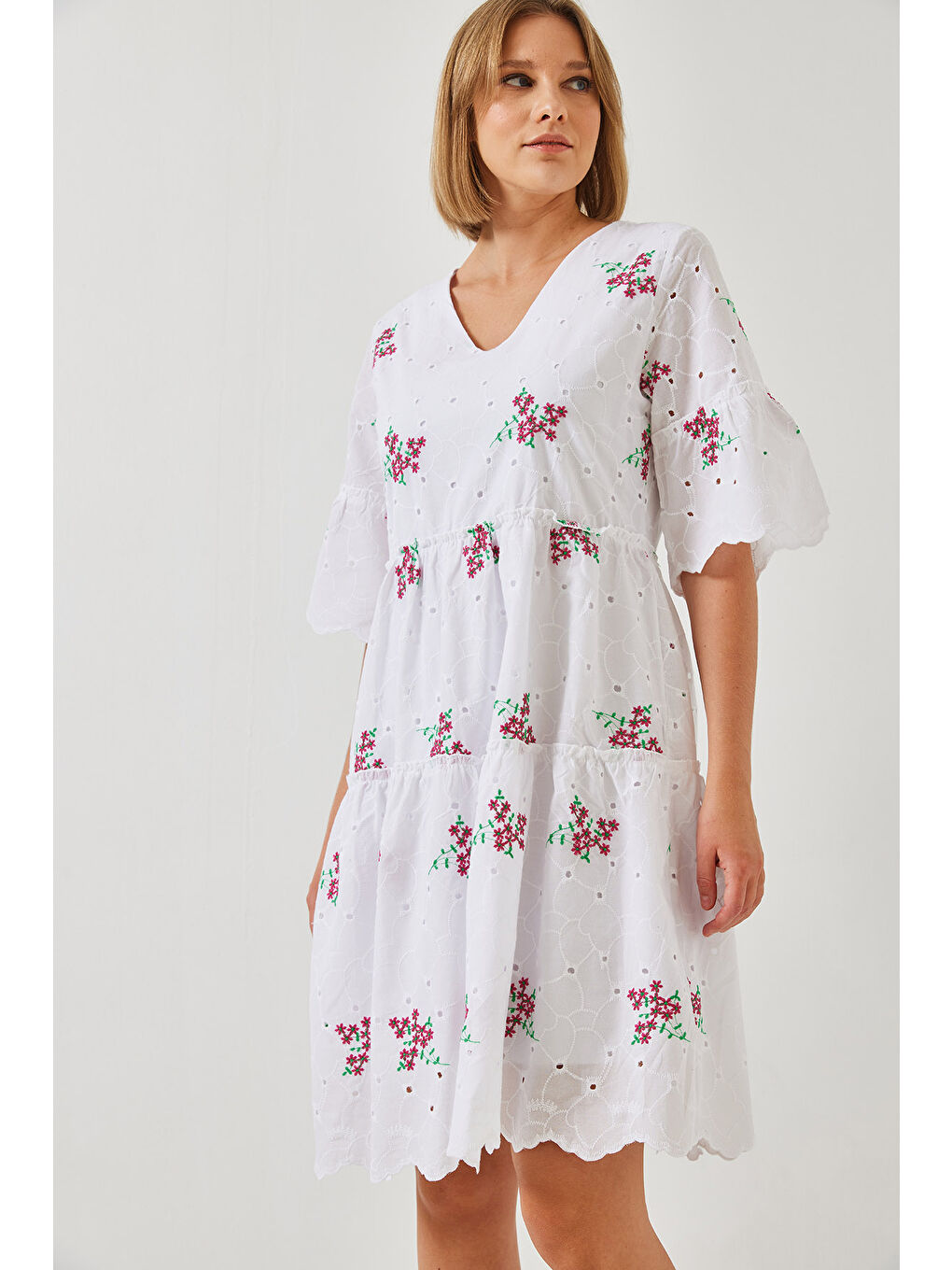 Ekru Kadın Desenli Fisto Elbise-2