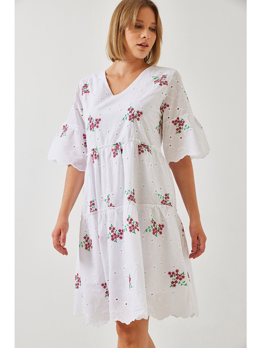 Ekru Kadın Desenli Fisto Elbise-3