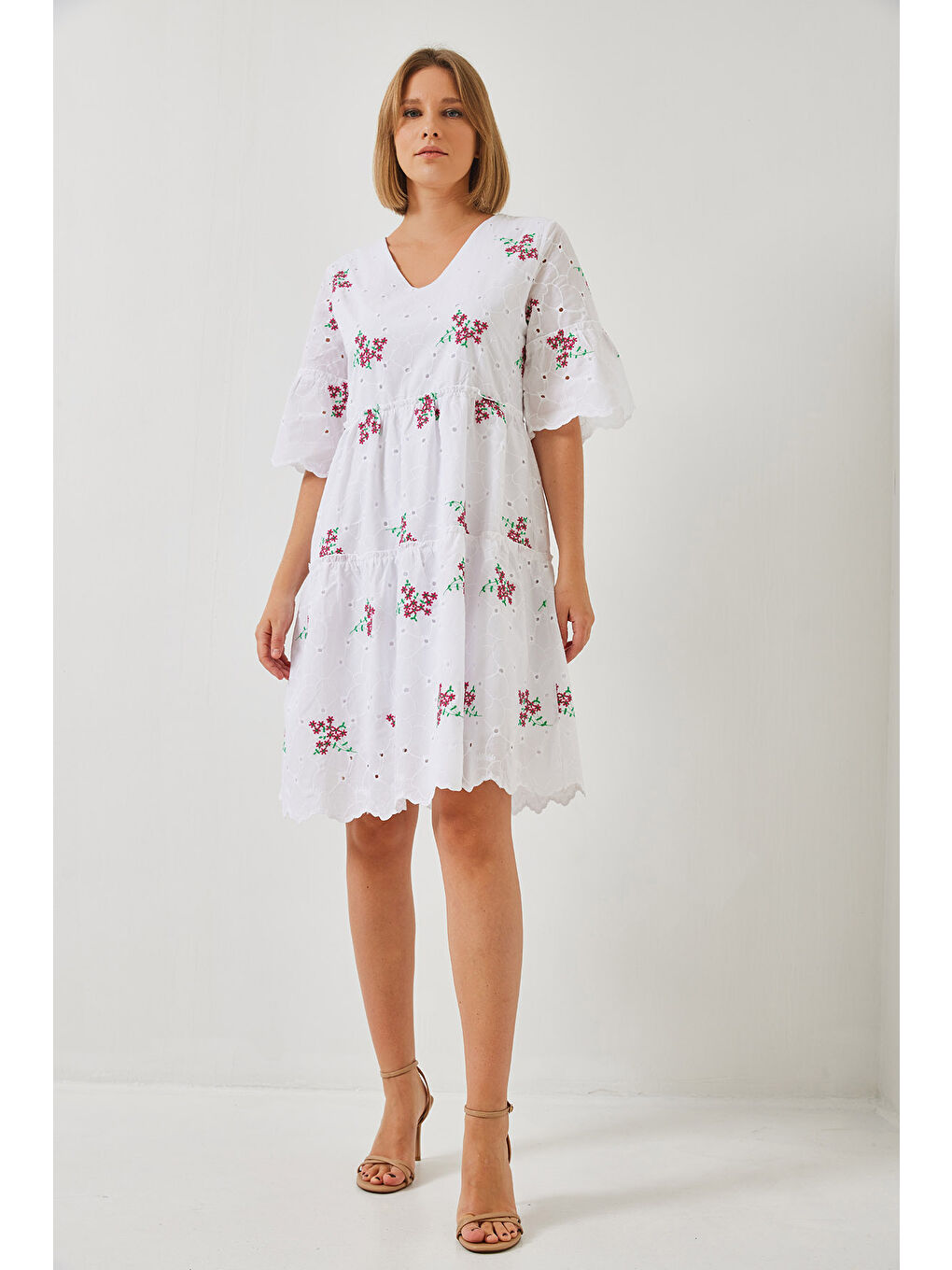 Ekru Kadın Desenli Fisto Elbise-6