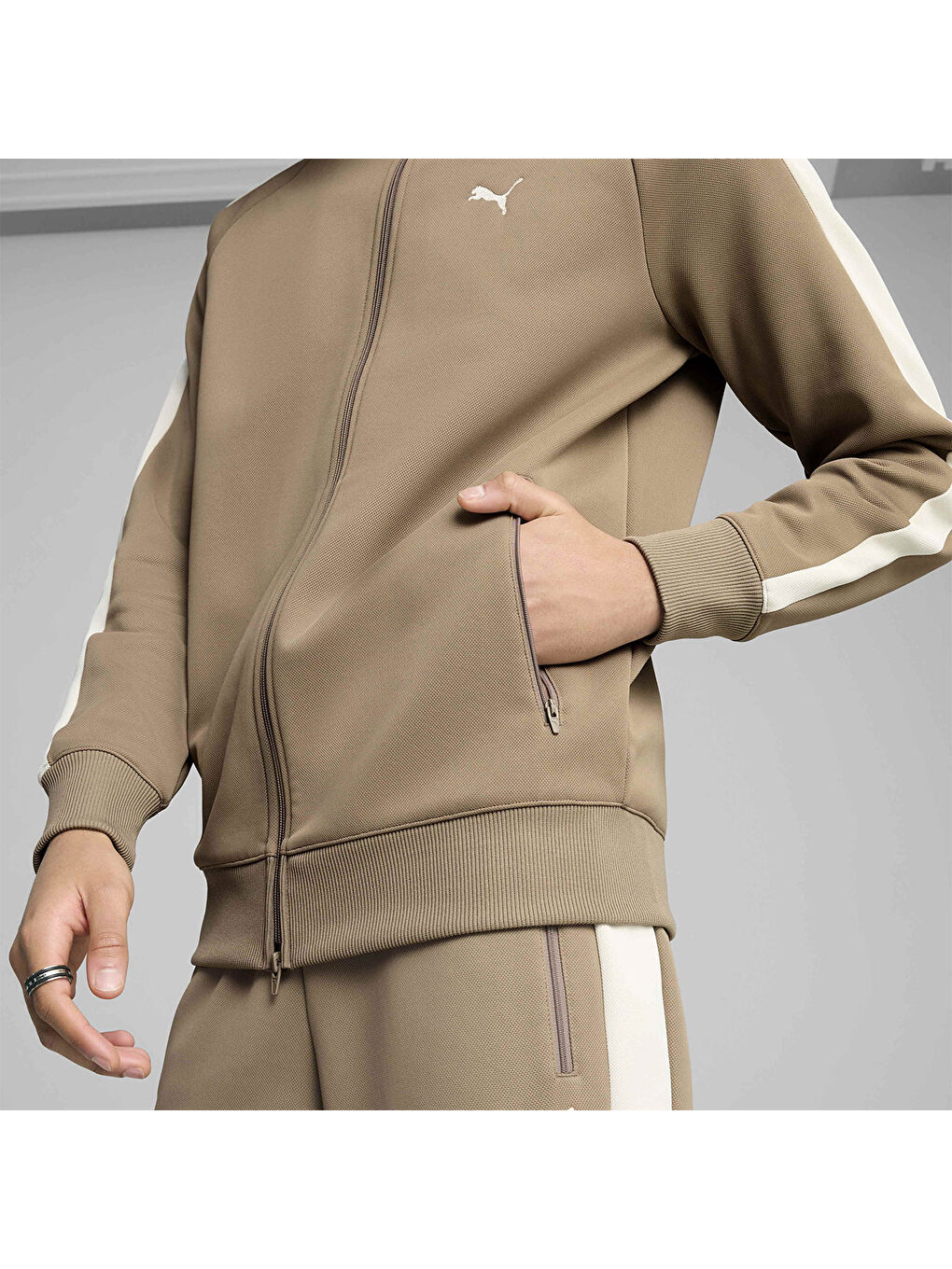 T7 Always On Erkek Bej Dik Yaka Fermuarlı Sweatshirt-1