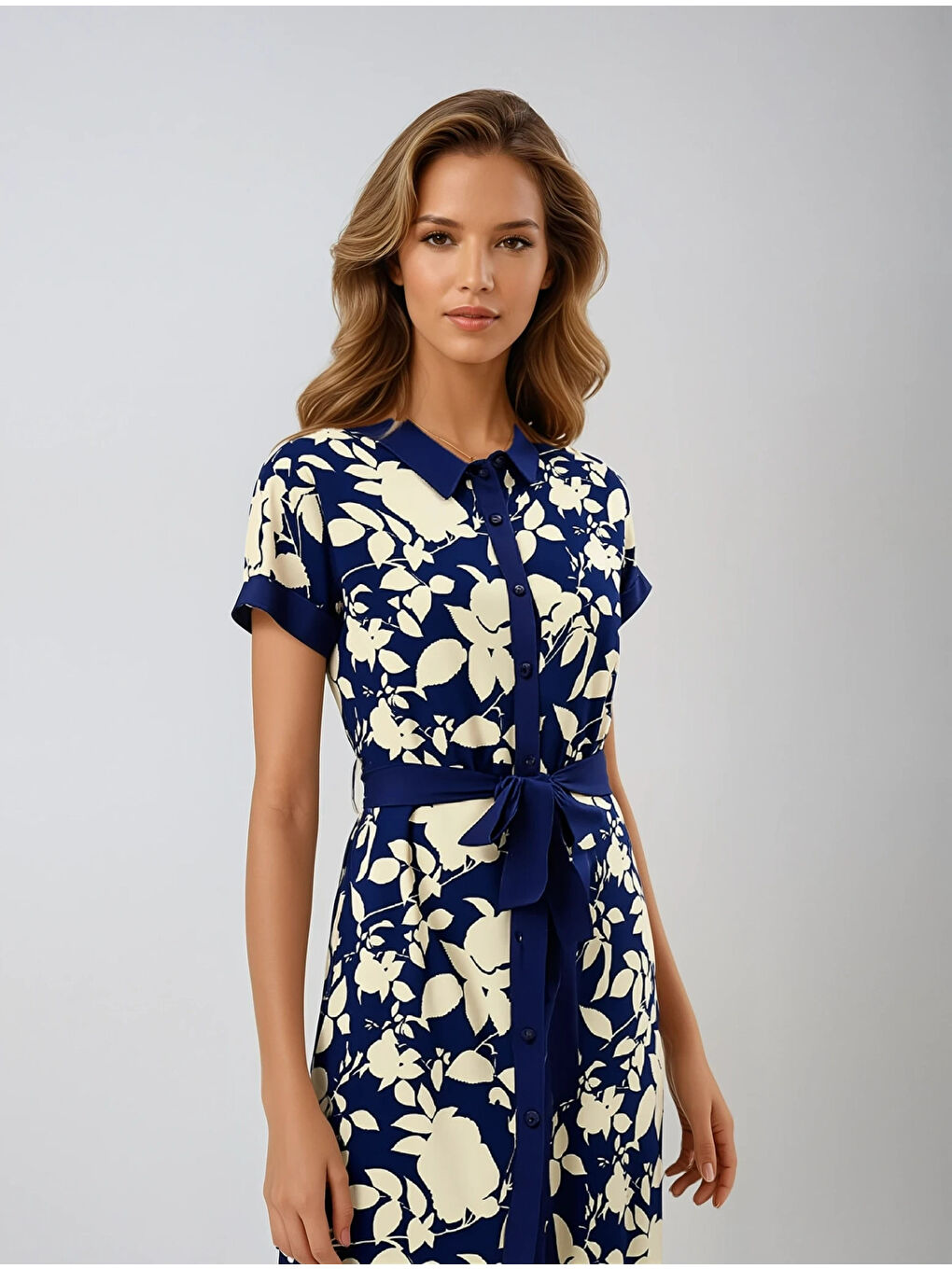 Kadın Lacivert Krem Kuşaklı Çiçek Desenli Düğmeli Yazlık Viskon Elbise HZL24S-BD124551-3