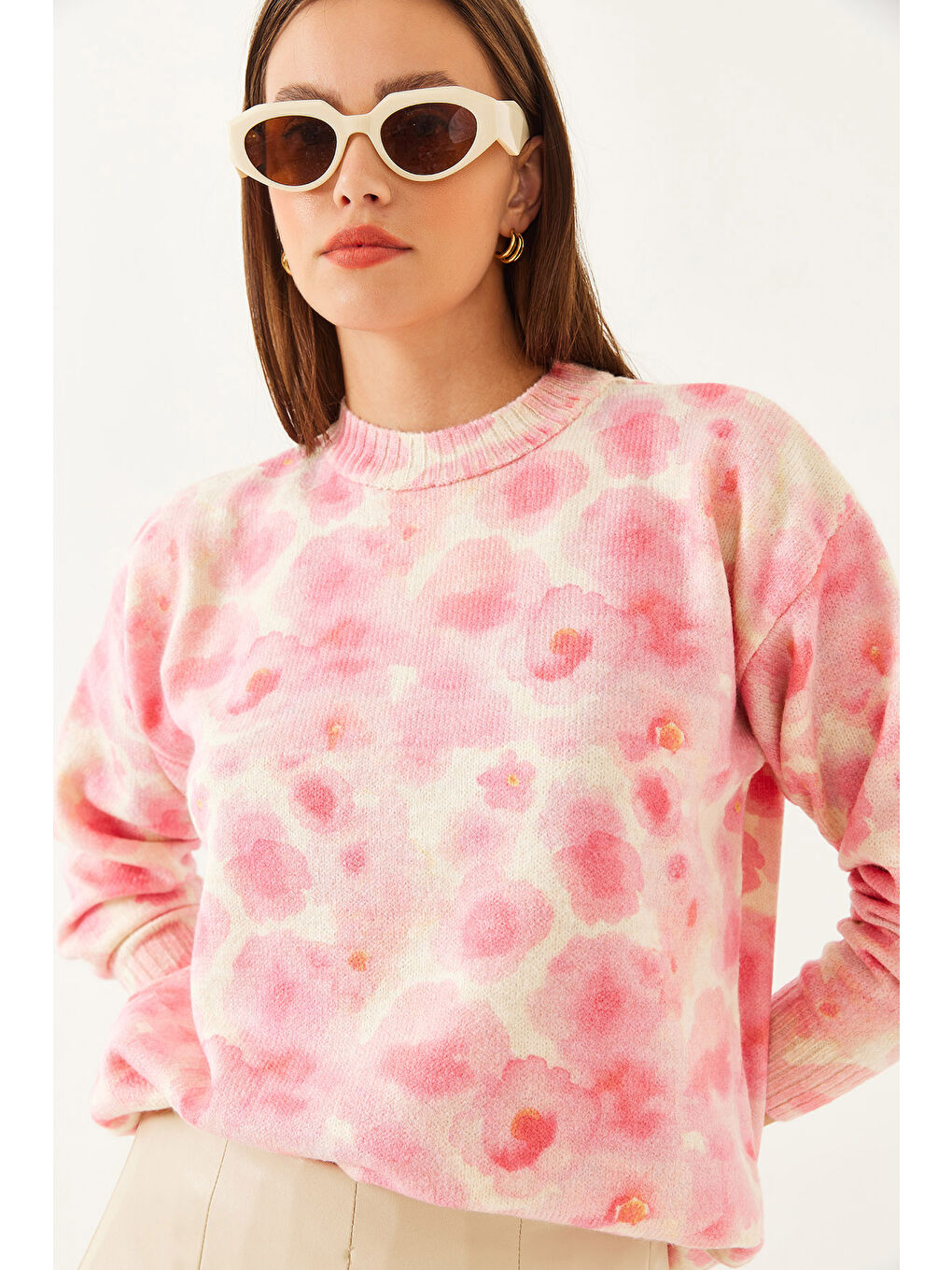 Bej Kadın Parçalı Triko Kazak-1