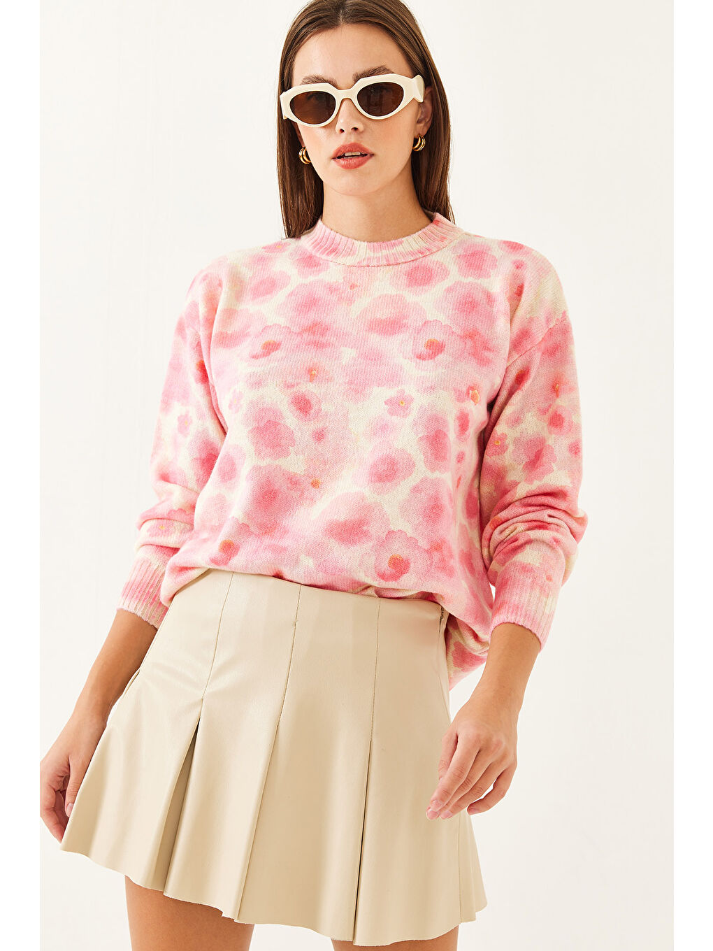 Bej Kadın Parçalı Triko Kazak-4