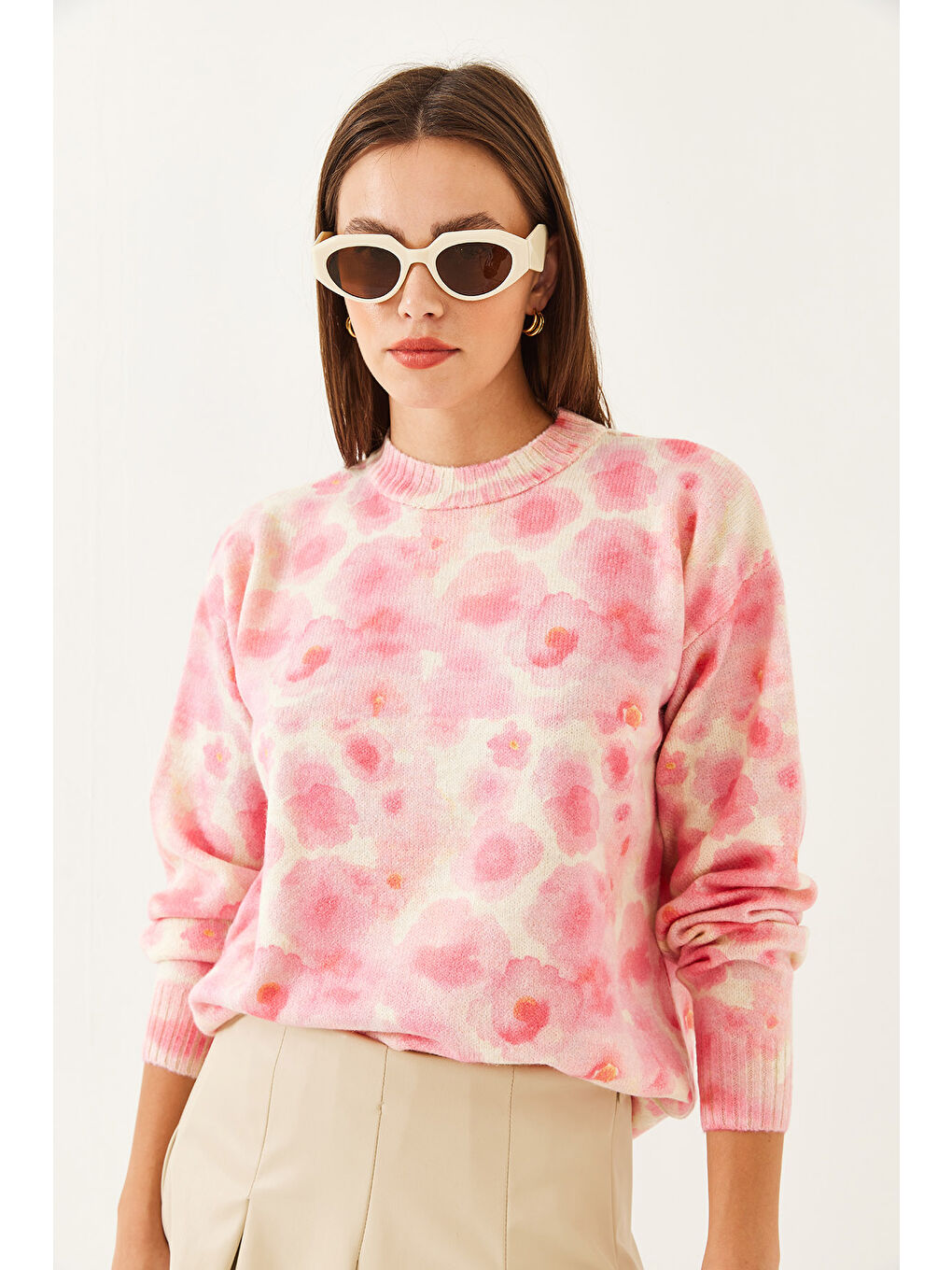 Bej Kadın Parçalı Triko Kazak-5