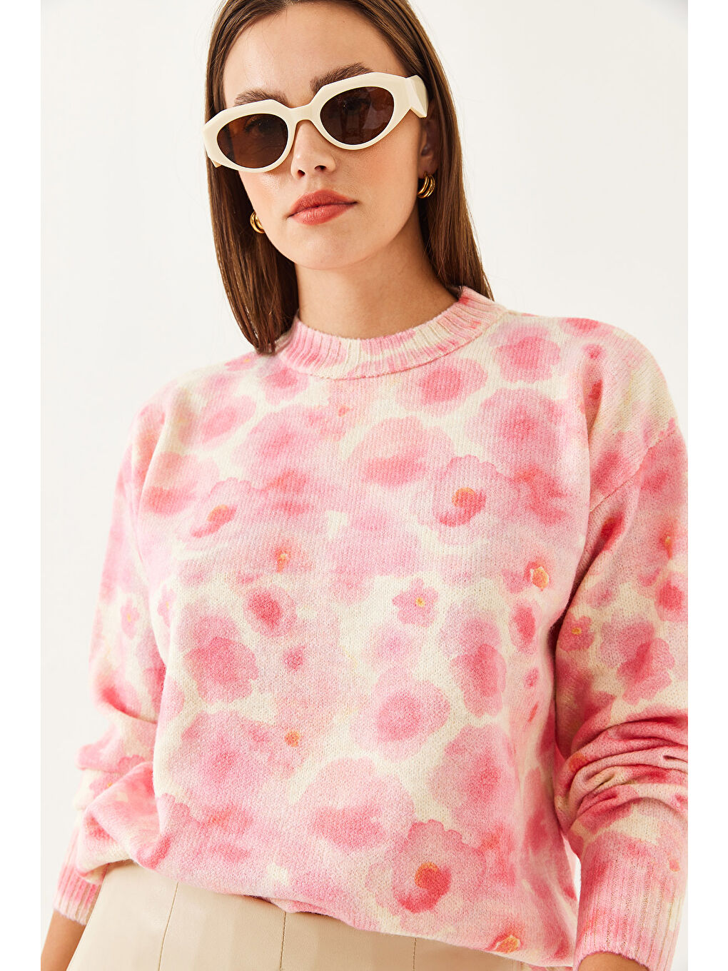 Bej Kadın Parçalı Triko Kazak-6