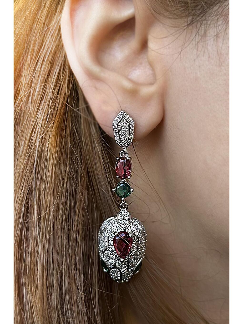 Bordo Gömme Zirkon Taşlı Gümüş Serpent Küpe-2